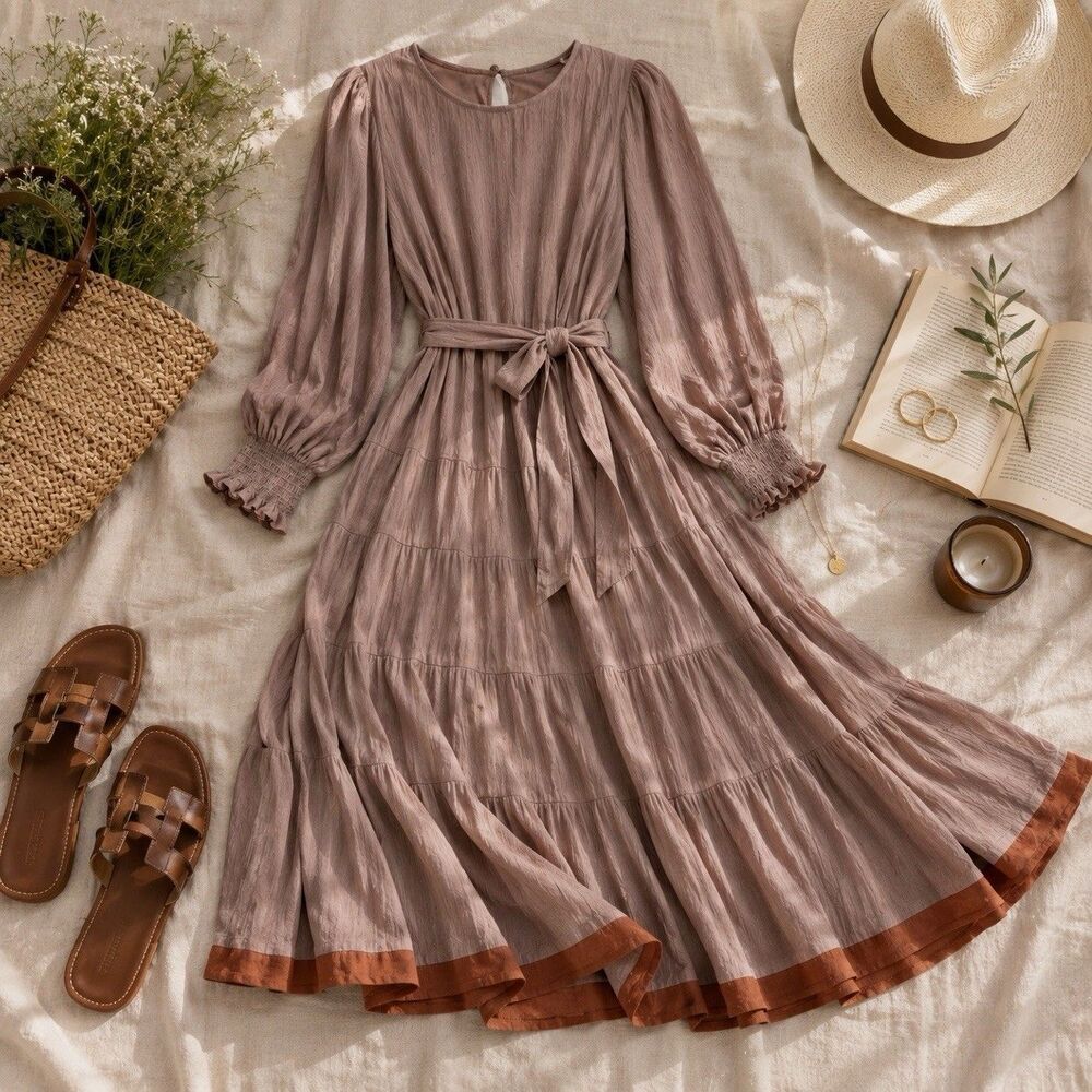 Baltic Born Taupe Tiered Maxi Dress Rust Trim Belted Rayon Wedding Guest M